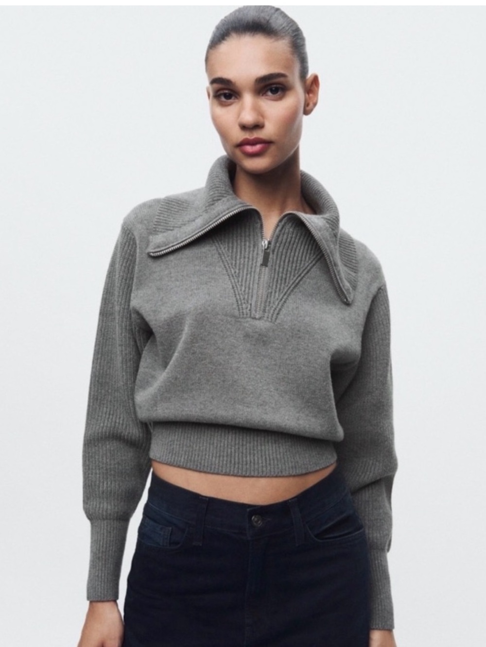 Zara Gray Quarter Zip Cowl Cropped Sweater Size Medium